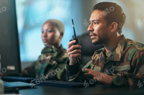 Preview: Walkie talkie, communication and military team at the station with computer giving directions. Tech
