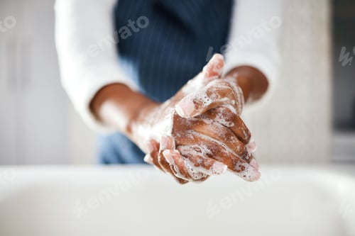 Preview: Hands, cleaning and soap with hygiene in bathroom, safety from bacteria and germs, disinfection and
