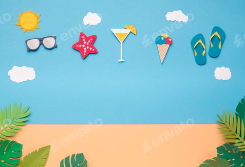 Preview: Creative wallpaper with party beach accessories in the sky