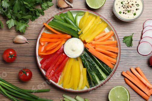 Preview: Fresh raw vegetable sticks and sauce on wooden table, flat lay