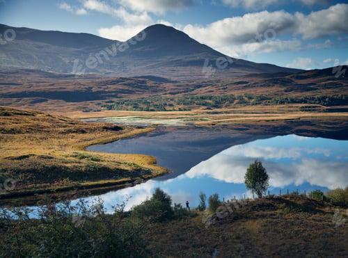 Preview: Man photographing reflection of mountain in loch, Highland, Scotland