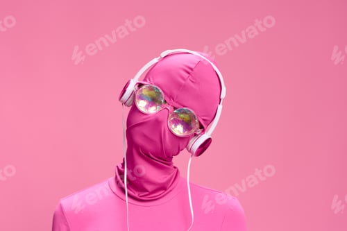 Preview: Portrait of a man wearing a pink full-face incognito mask with headphones and shiny round sunglasses