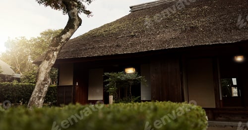 Preview: House, garden and sunshine with trees in Japan of building, structure or Japanese architecture. Out