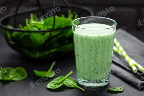 Preview: Spinach smoothie. Healthy vegan detox eating. Tasty breakfast beverage