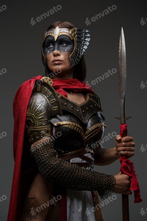 Preview: Female warrior with spear dressed in red cloak and armor