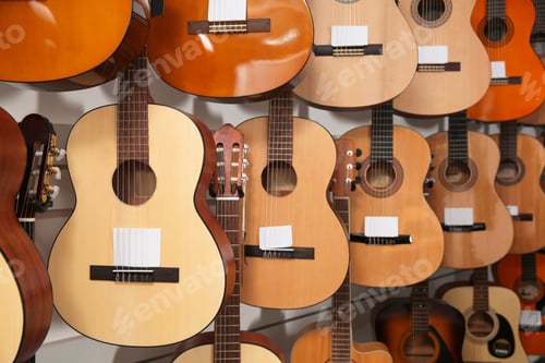 Preview: Rows of different guitars in music store