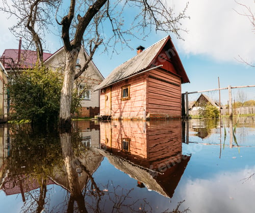 Preview: Sauna bath building In Water During Spring Flood floodwaters during natural disaster. Water deluge