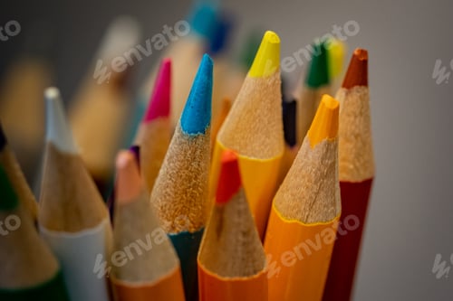 Preview: Selective focus shot of sharp colored pencils