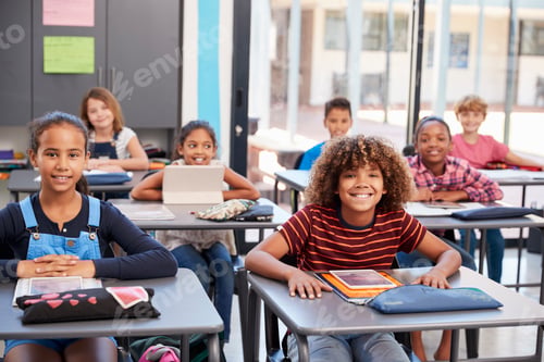 Preview: Portrait of elementary school pupils sitting at their desks