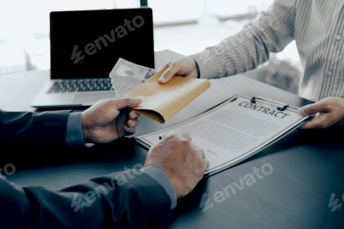 Preview: Government officials hand to sign the contract and receiving bribe money from businessman