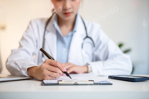 Preview: Asian female doctor holding pen writing in paper on clipboard with laptop on table in diagnosis room