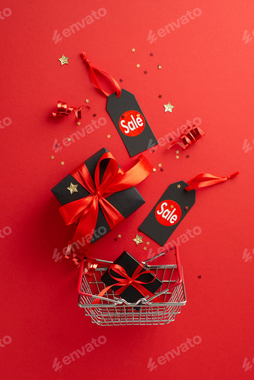 Preview: Score big on Black Friday! Top-view vertical shot of luxurious black gift boxes, discount labels