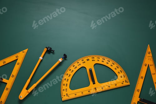 Preview: Protractor, triangles and compass on green chalkboard, flat lay. Space for text