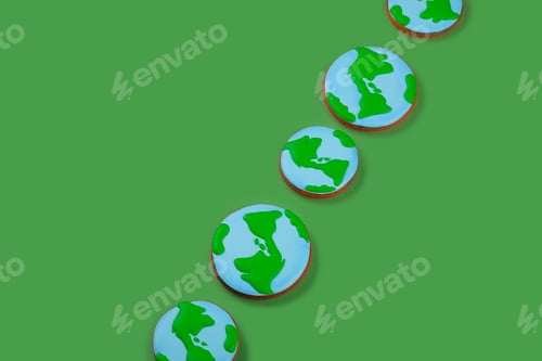 Preview: Earth Day concept. Сookies in shape of Earth on green backdrop. Copy space.