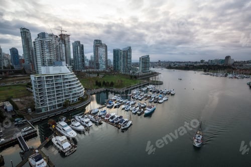Preview: Aerial view on the Downtown Vancouver Buildings during a cloudy morning sunrise