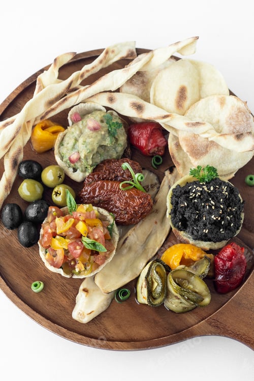 Preview: vegan tapas snacks sharing platter board on white background