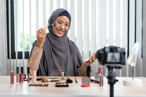 Preview: Woman muslim blogger is showing present make up tutorial beauty cosmetic review product
