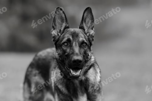 Preview: Grayscale shot of a King Shepherd dog on a blurred background