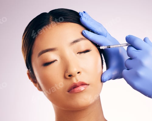 Preview: Face injection, skincare and woman with plastic surgery in studio isolated on a white background. C