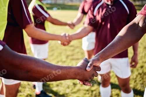 Preview: Man, sports and handshake for team introduction, greeting or sportsmanship on the grass field outdo