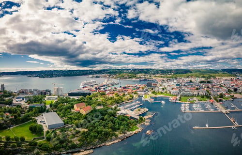 Preview: Drone view of Kristiansand and Kvadraturen from Oderoya, Norway