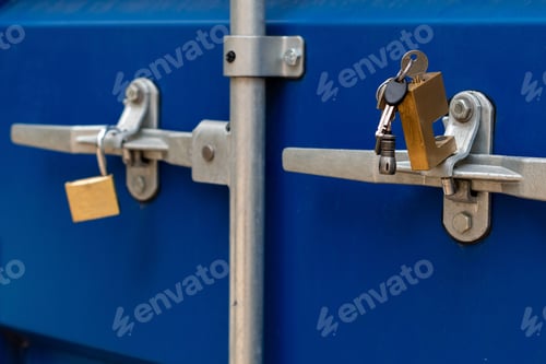 Preview: Secured Blue Cargo Container with Padlocks and Keys