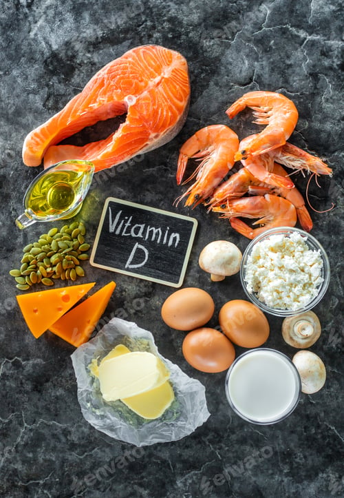 Preview: Products containing vitamin D. Selective focus.