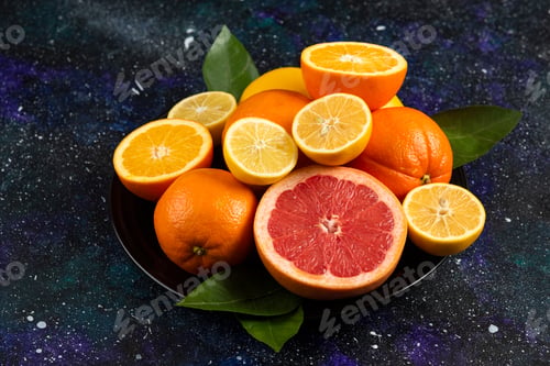 Preview: Pile of citrus fruits on black ceramic plate