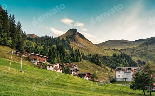 Preview: Mountain village of Stoos surrounded by Swiss Alps, in summer at Schwyz, Switzerland