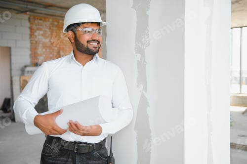 Preview: Construction concept. Portrait of a young architect at a construction site