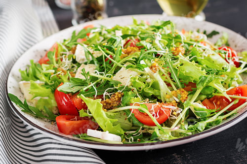 Preview: Tomato salad with mix micro greens and camembert cheese.