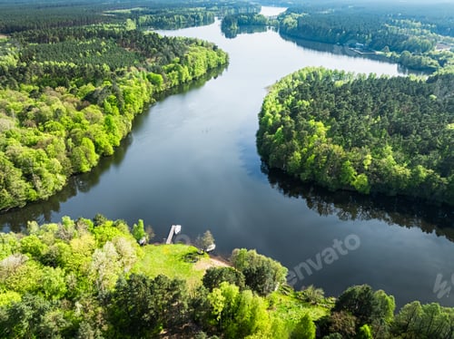 Preview: Curvy river and forests at spring. Nature in Poland.