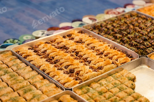 Preview: Assorted baklava with honey, walnuts, and pistachio at Turkish market