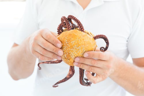 Preview: Big burger with octopus and lemon in hands of man.Healthy fast food concept