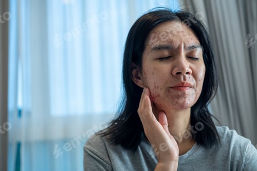 Preview: Acne on face because the disorders of sebaceous glands productions. Acne or a Cosmetic