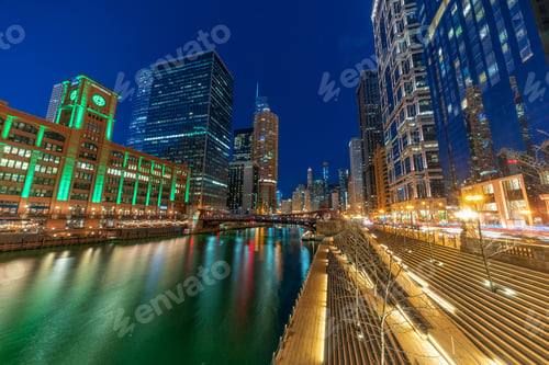 Preview: The Chicago riverwalk cityscape river side, USA downtown skyline, Architecture