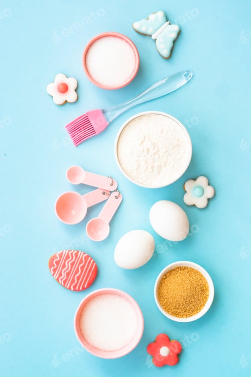 Preview: Easter baking background at blue flat lay.