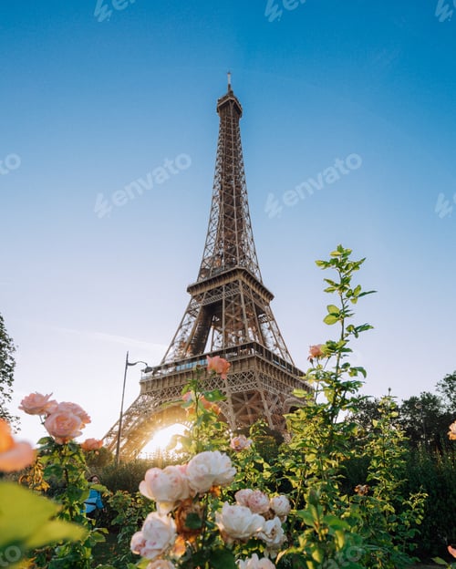 Preview: Eiffel tower low angle view, sunny summer day with blue sky