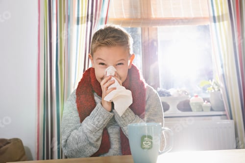 Preview: Boy sitting in the kitchen blowing his nose
