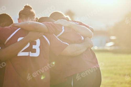 Preview: People, rugby and huddle in team sports, motivation or getting ready for match or game on outdoor f