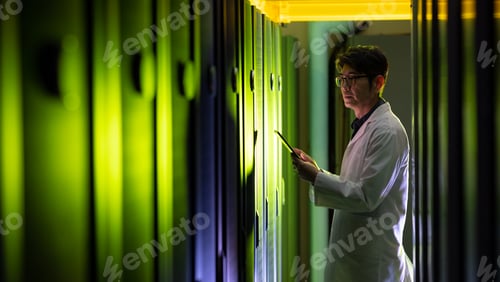 Preview: Asian male engineer wearing an apron using digital tablet while inspecting in computer server room