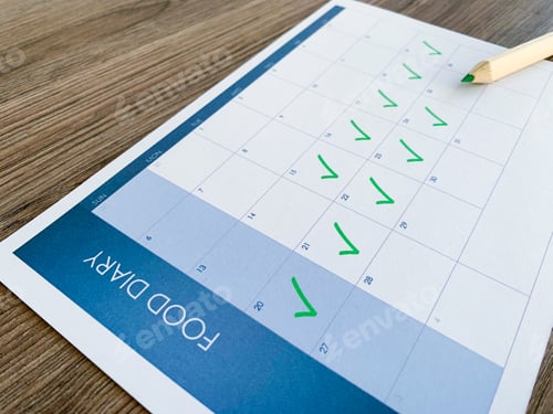 Preview: Health concept. Diet plan on wooden background.