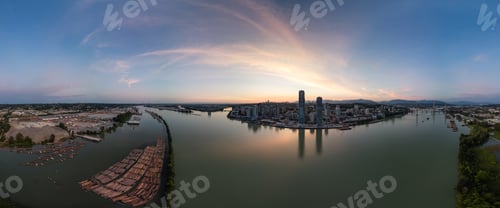 Preview: Panoramic View of New Westminster, Vancouver, BC, Canada at Sunset with River and Cityscape