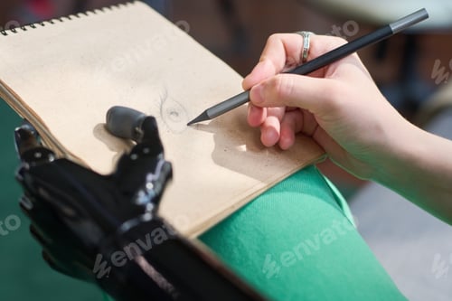 Preview: Hand of young female designer with prosthesis drawing eye on page of notepad