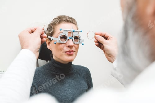 Preview: Senior ophthalmologist checking eyesight of a young smiling woman