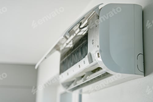 Preview: Air conditioner unit with opened front cover ready for maintenance