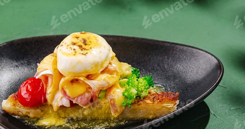 Preview: Delicious poached eggs with hollandaise sauce served on toasted