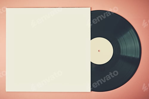 Preview: Old retro vinyl disc in paper case on pink background, mockup. Vintage toned photo