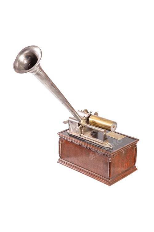 Preview: Old gramophone with plate or vinyl disk on wooden box isolated on white background.