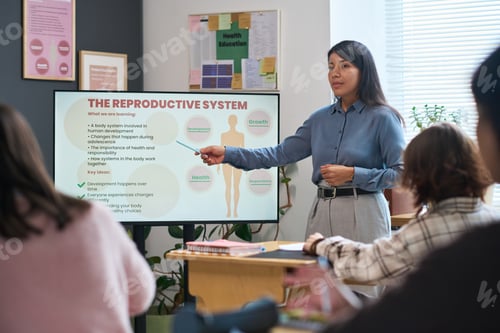 Preview: Young Adult Hispanic Woman Teaching Reproductive System Lesson in Classroom